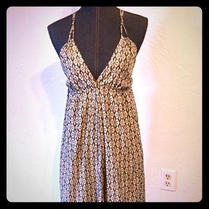Silk maxi dress.  Feather pattern halter festival